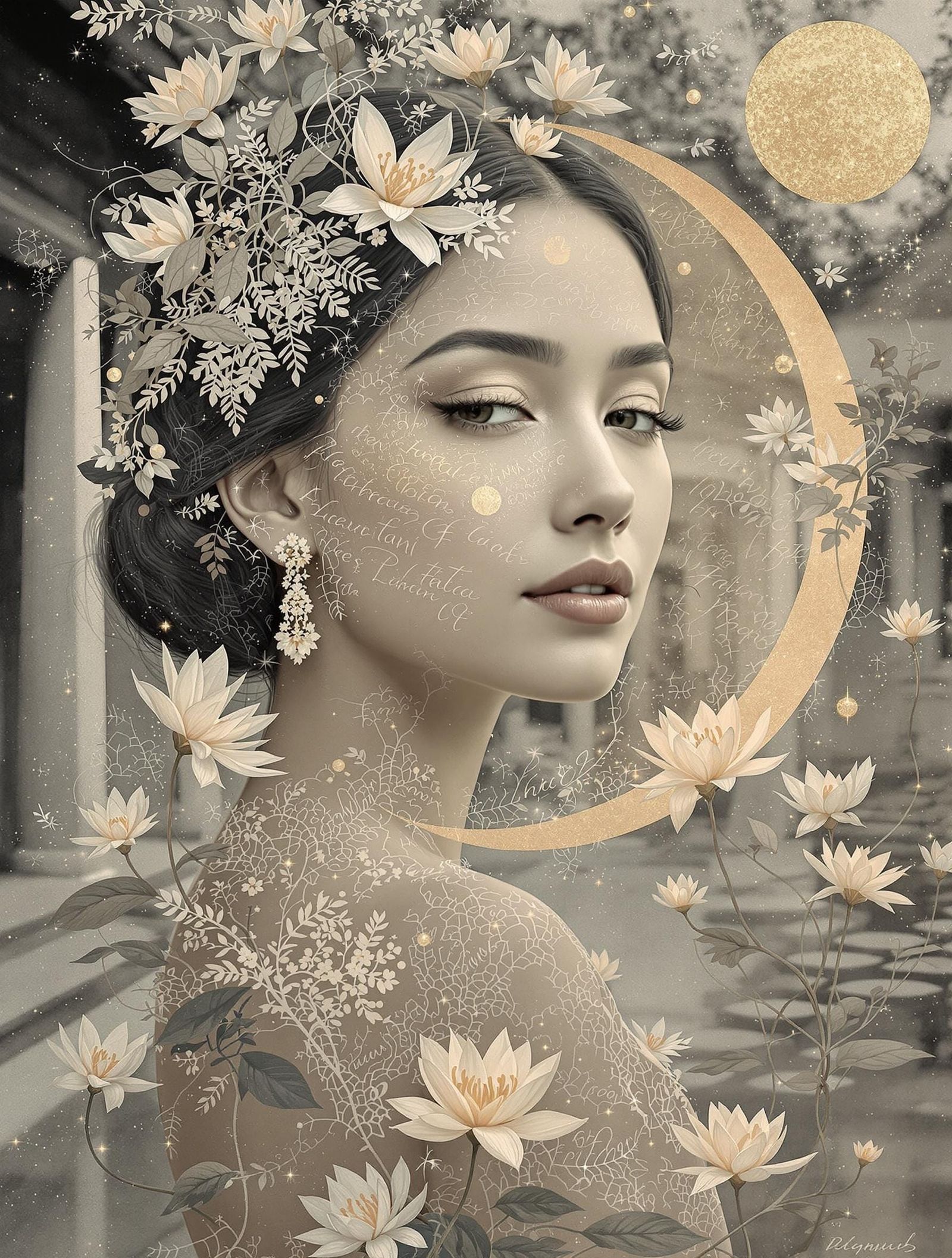 Moonlit Pagoda Portrait in Embossed Encaustic Wax