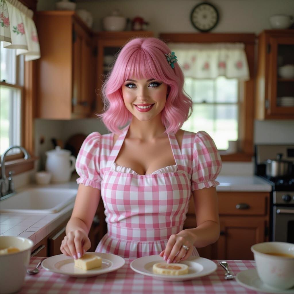 Pink Haired Woman Prepares Dinner, Cinematic Film Still