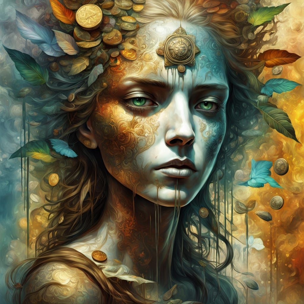 Surreal Shamanic Goddess Amidst Fruits and Coins in Vibrant ...