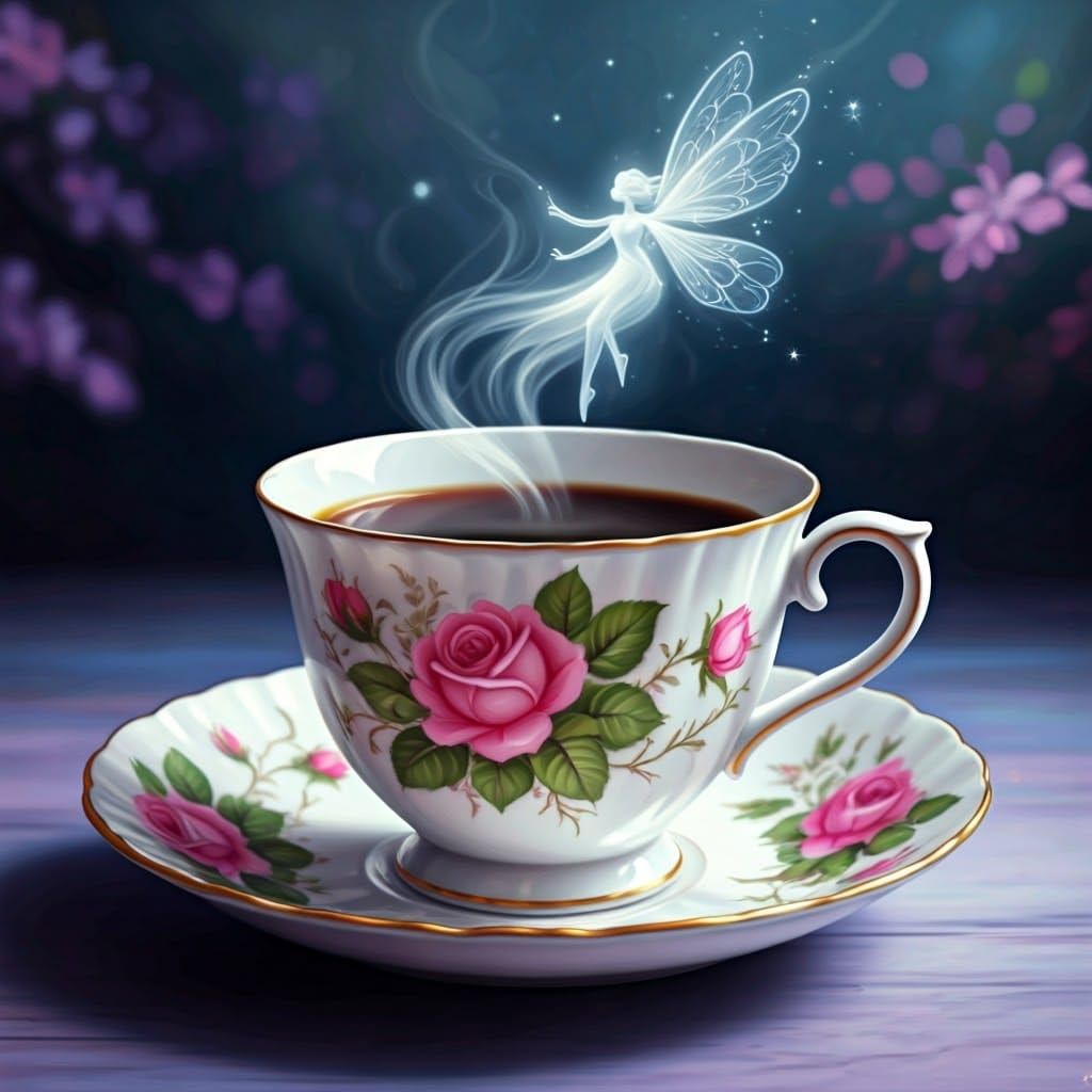 Fairies Rise From Coffee: Airbrushed Porcelain Painting