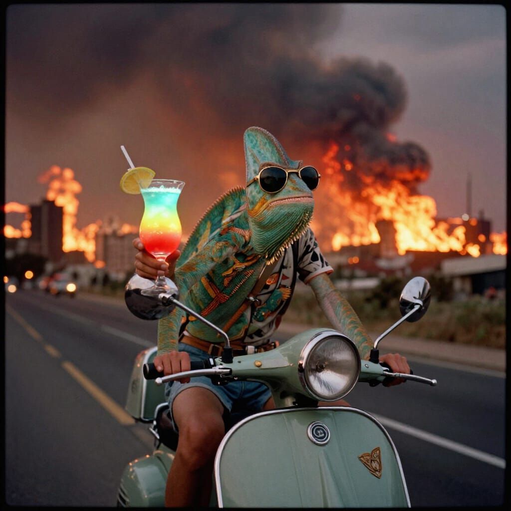 Chameleon on Moped with Fiery City Background