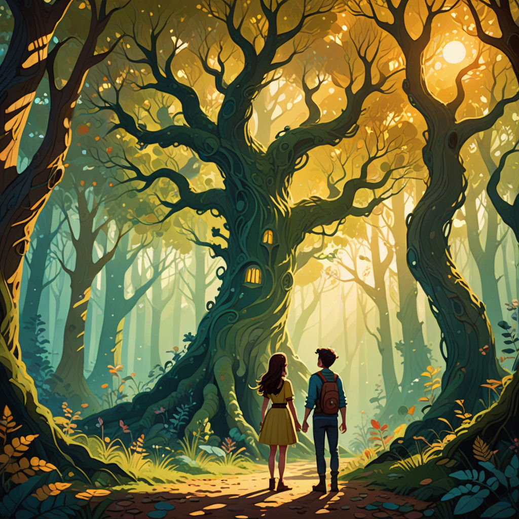 Whimsical Girl with a Tree Body Connects with a Boy in a Vib...