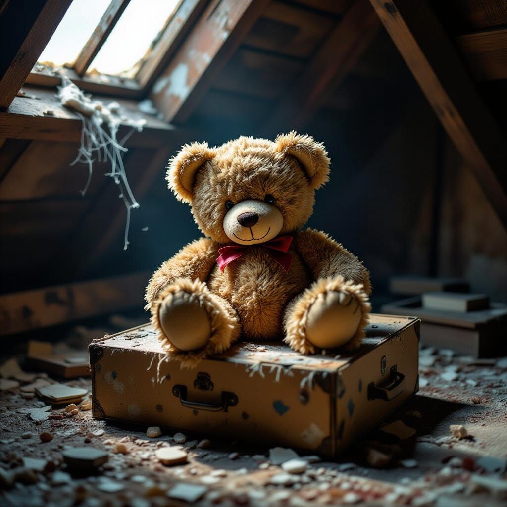 Dusty Teddy Bear in Dingy Attic: Photorealistic Art