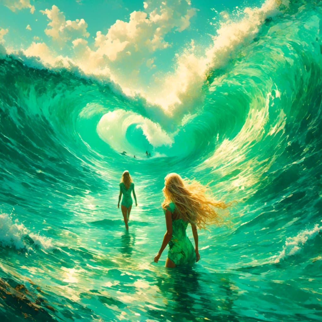 Woman in Fluorescent Suit Amidst Crashing Wave