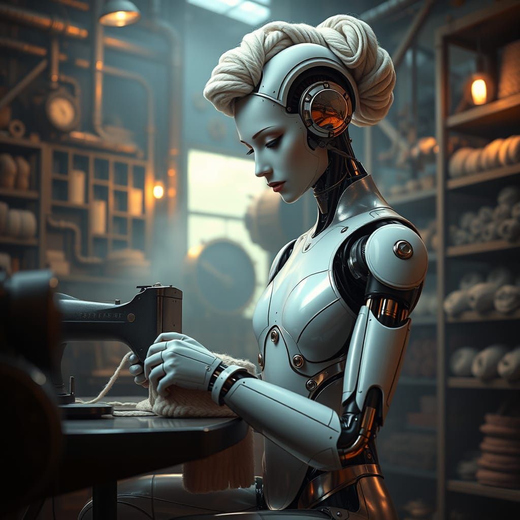 Steampunk Android Seamstress in Dimly Lit Atelier