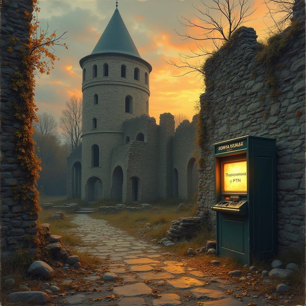 Ruined Autumn Castle with Glowing ATM, Impasto Style