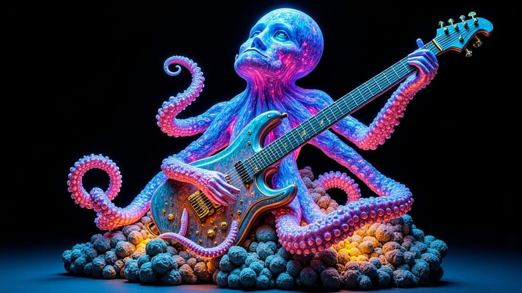 Octopus Sculpture of Sea Glass Playing Guitar