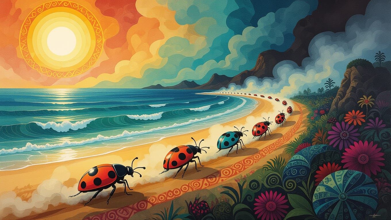 Surreal Oceanic Tapestry in Gouache with Intricate Beetles a...