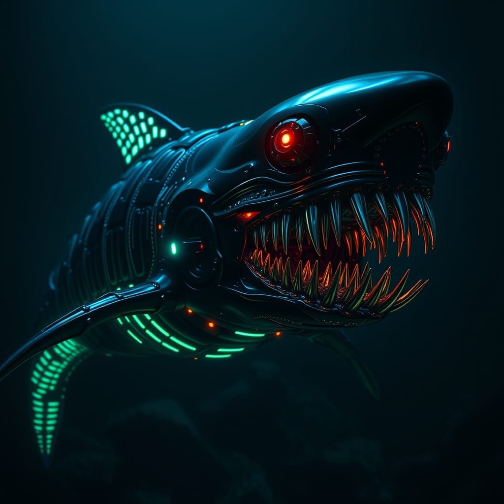 Bioluminescent Shark-Xenomorph in Dark Ocean Depths