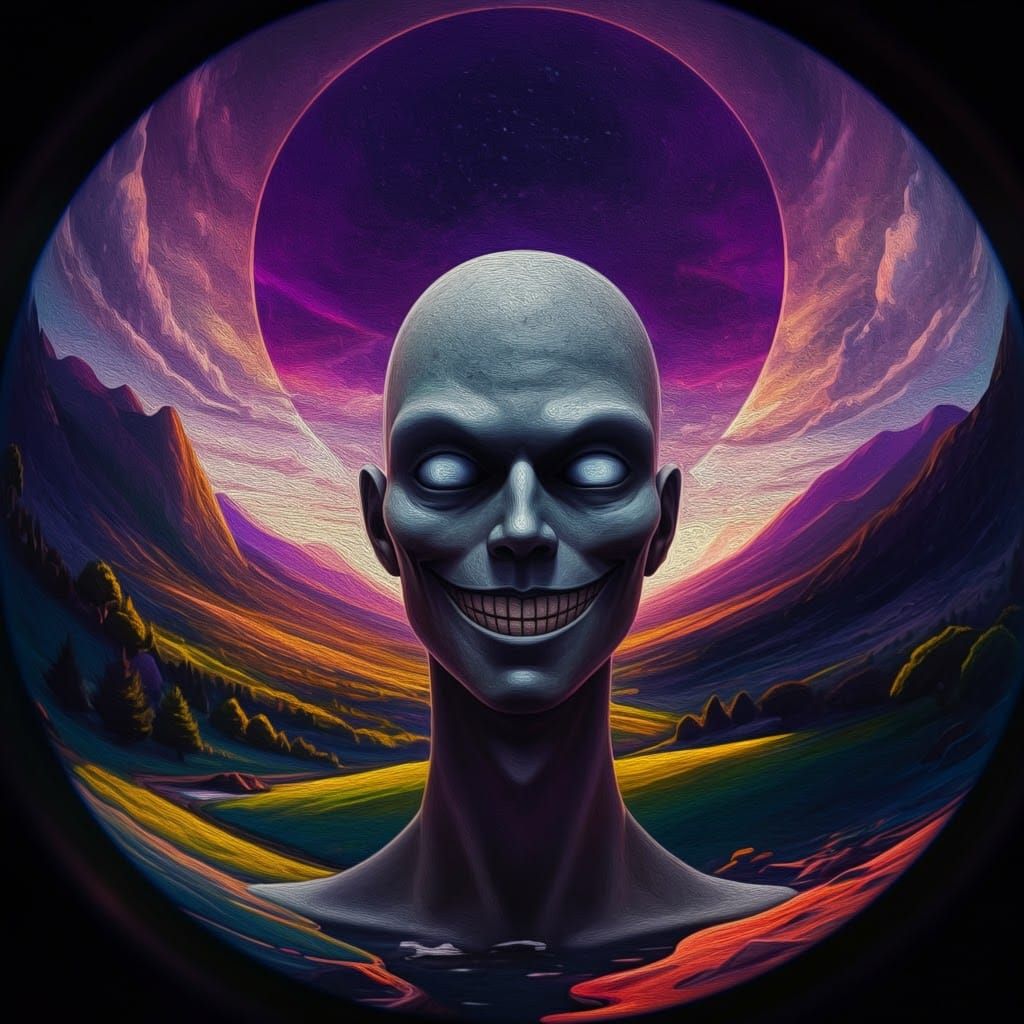 Surreal Distorted Figure in Psychedelic Valley, Oil Painting