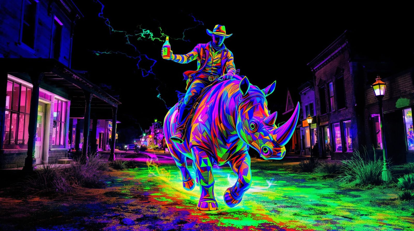 Surreal Cowboy Rides Rhino in Neon Abandoned Town