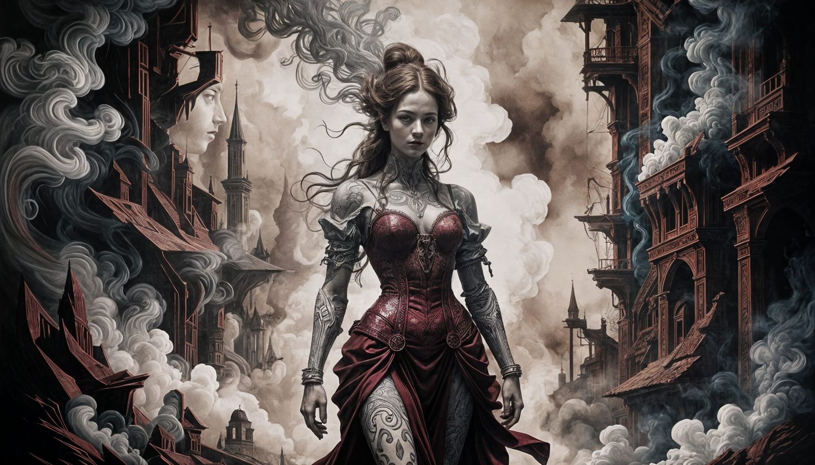 Maroon and White Woodcut Silhouette with Cubist Elements