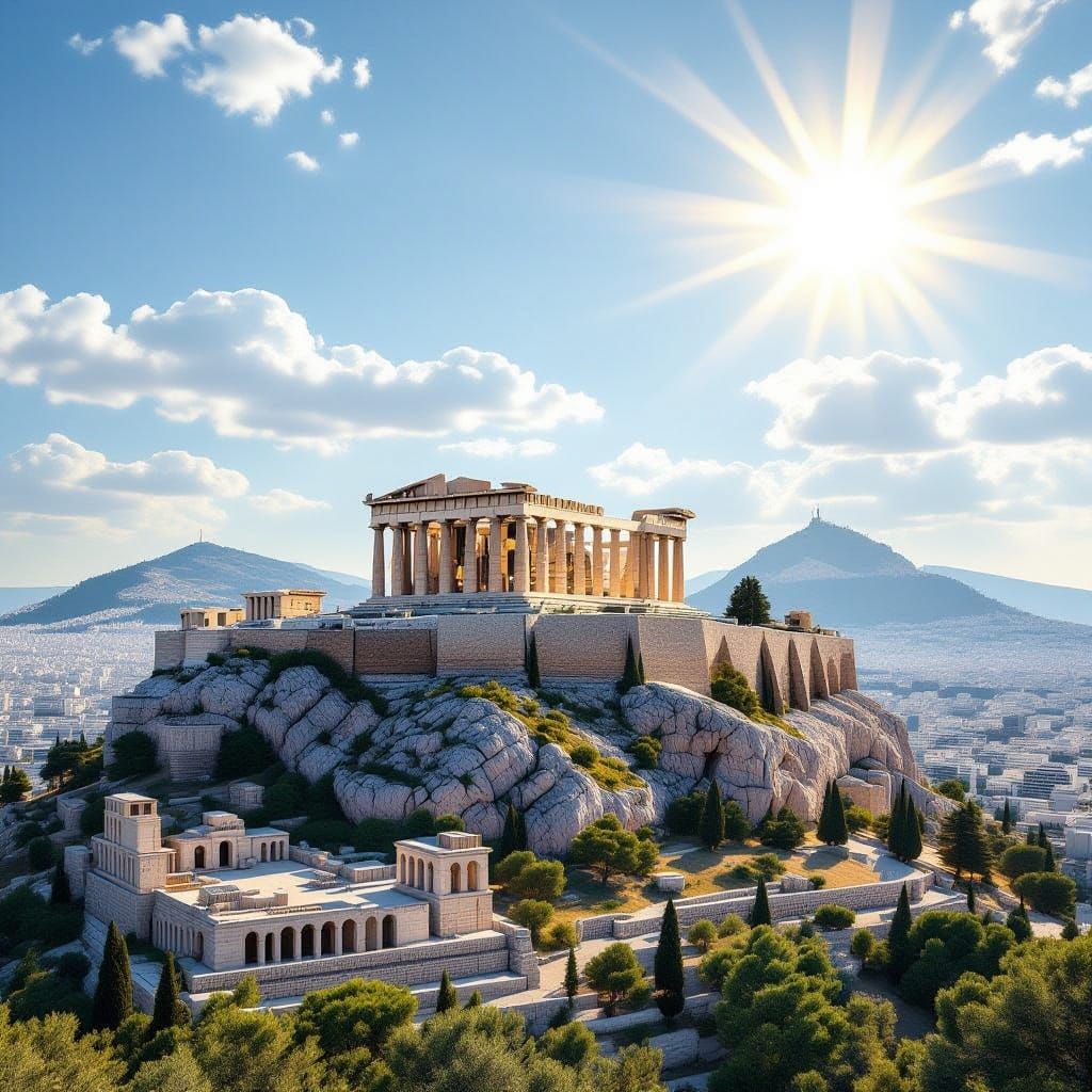 Hyperrealistic Acropolis on Mountain in Golden Sunlight