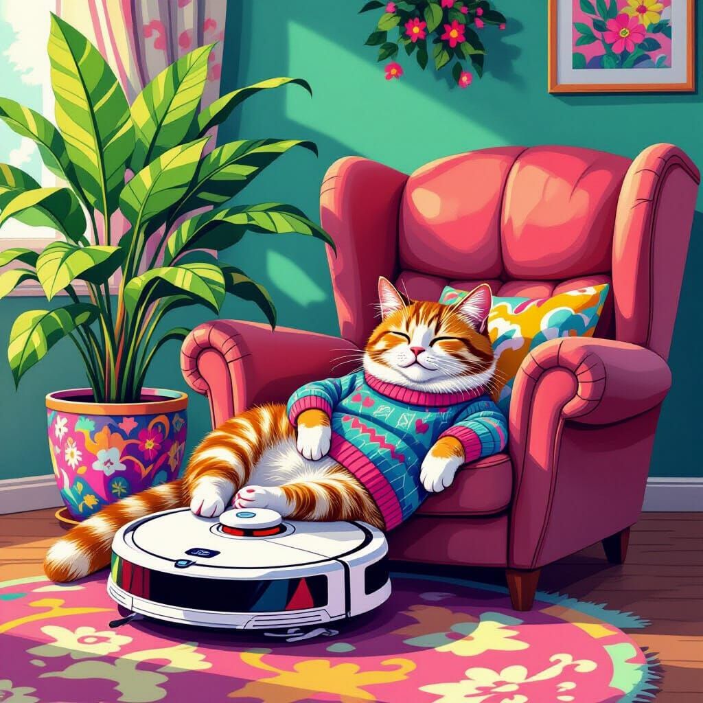 Tabby Cat on Futuristic Robot Vacuum in Synthwave Scene