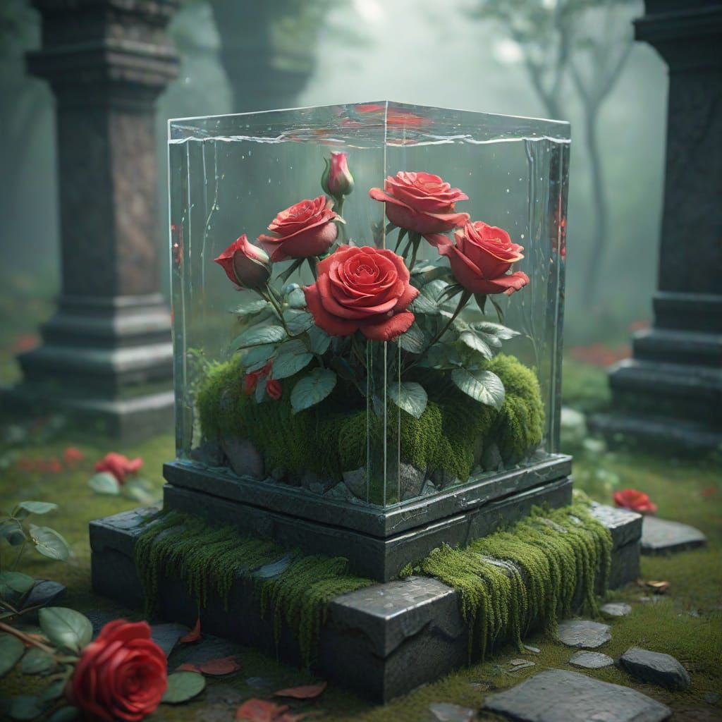 Surreal Landscape with Red Roses in a Cracked Glass Cube