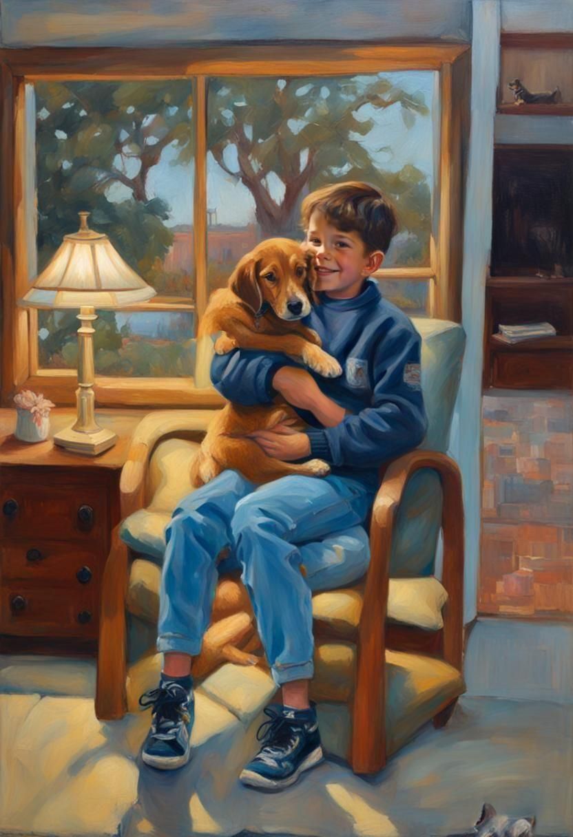 Child and Puppy in Cozy Room: Oil Painting