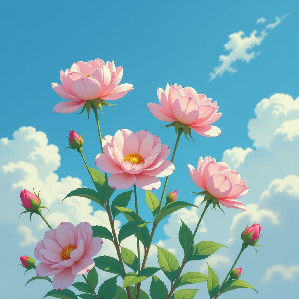 Flowers Ascending to Sky in Photorealistic Style