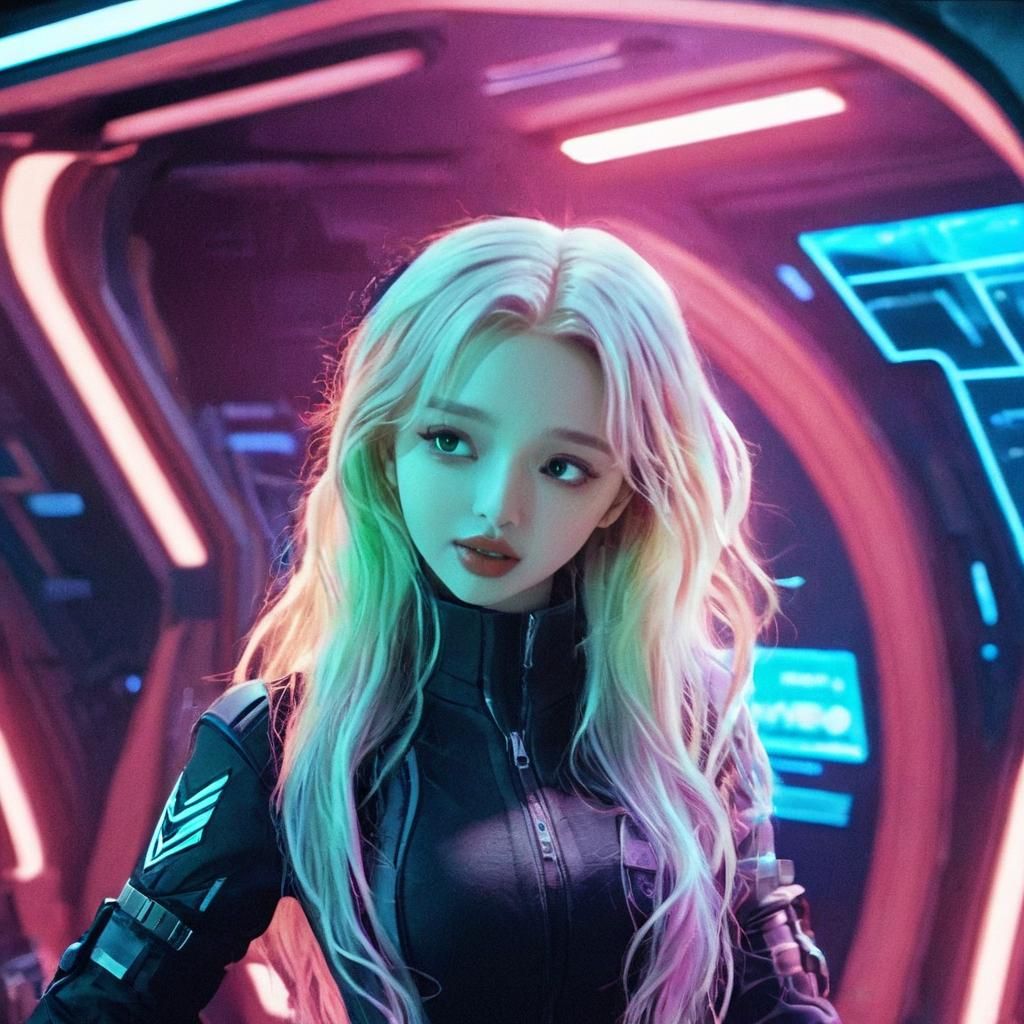 Spaceship Captain in Neon-Lit Spacecraft Interior