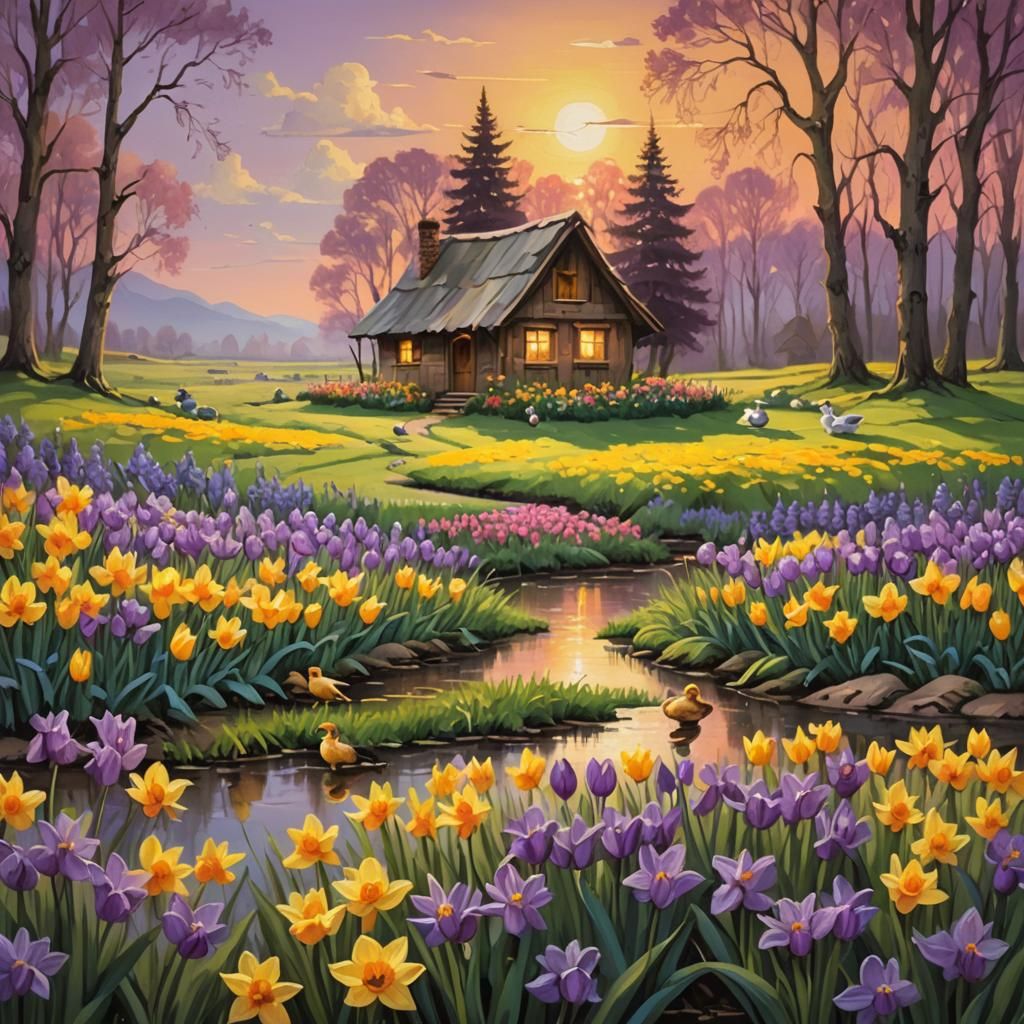 Idyllic Sunset Meadow: A Bob Ross-Inspired Oil Painting