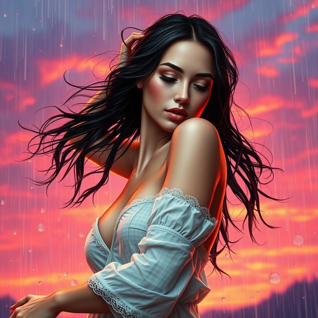 Woman Dancing in Rain with Sunset: Hyperrealistic Splash Art