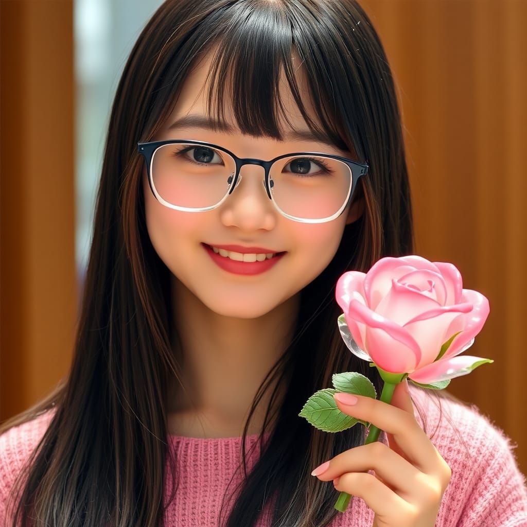 Beautiful Japanese Girl Holding Pink Rose