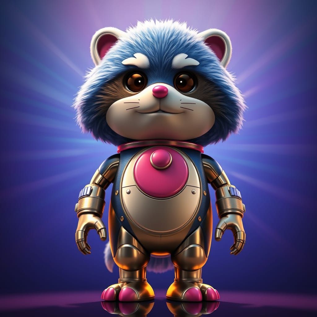 Majestic Blue-Furred Robot with Curved Pink Door in Cosmic W...