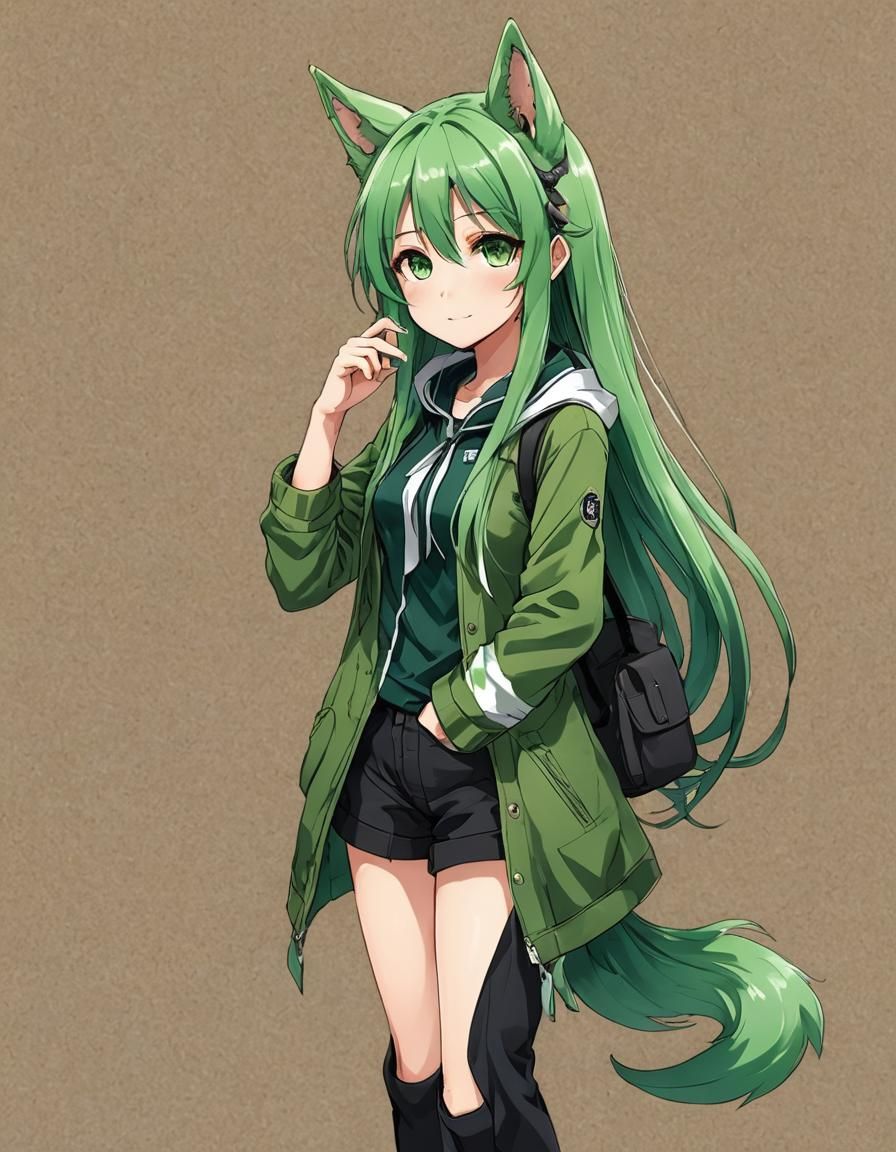 Anime Girl with Green Hair and Wolf Features