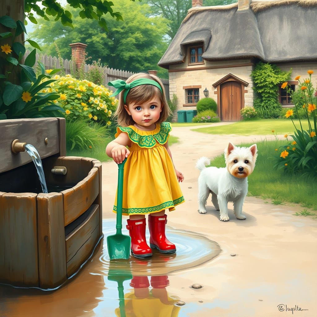 Girl and Dog in Garden, Gouache and Watercolor Style