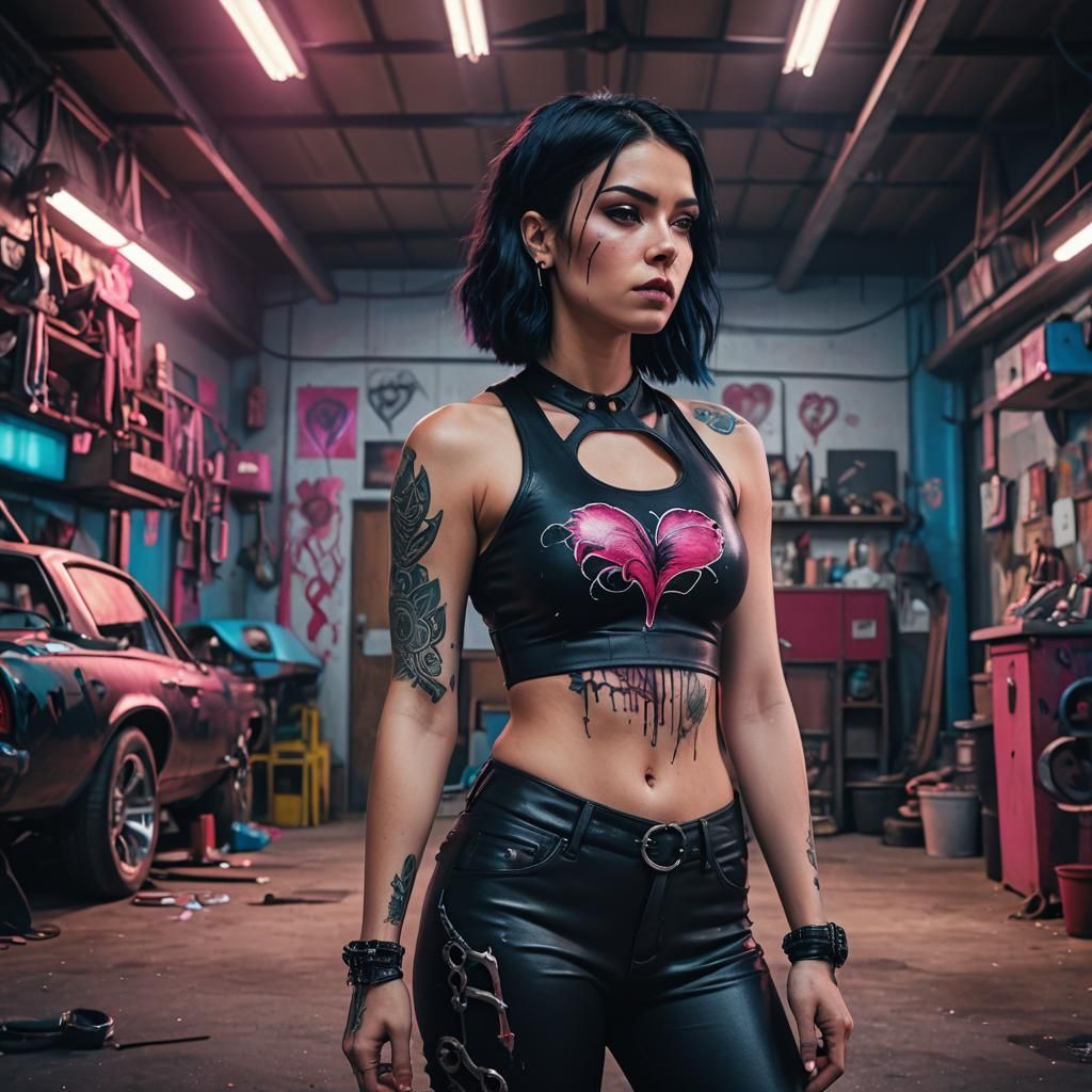 Woman in Garage with Neon Lights, Fantasy Art