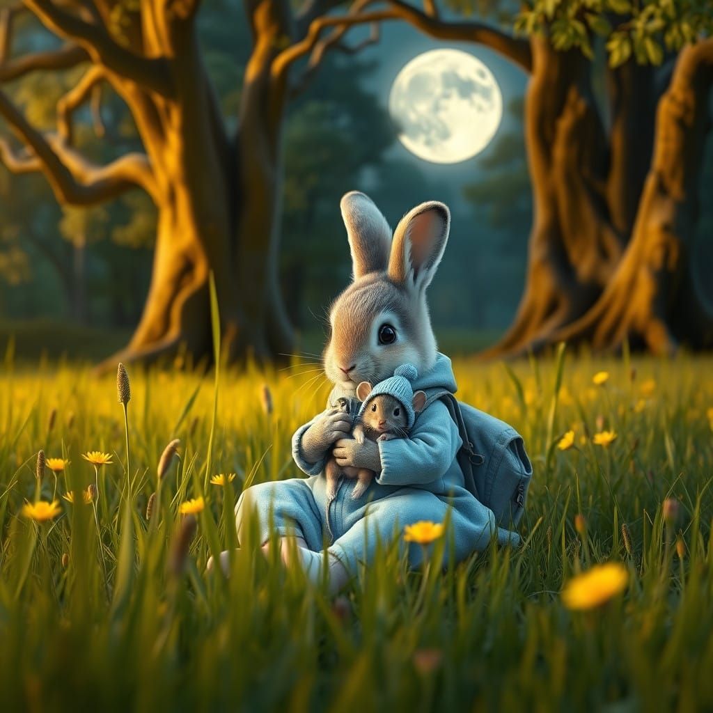 Serene Bunny Cares for Baby Mouse in Enchanted Forest