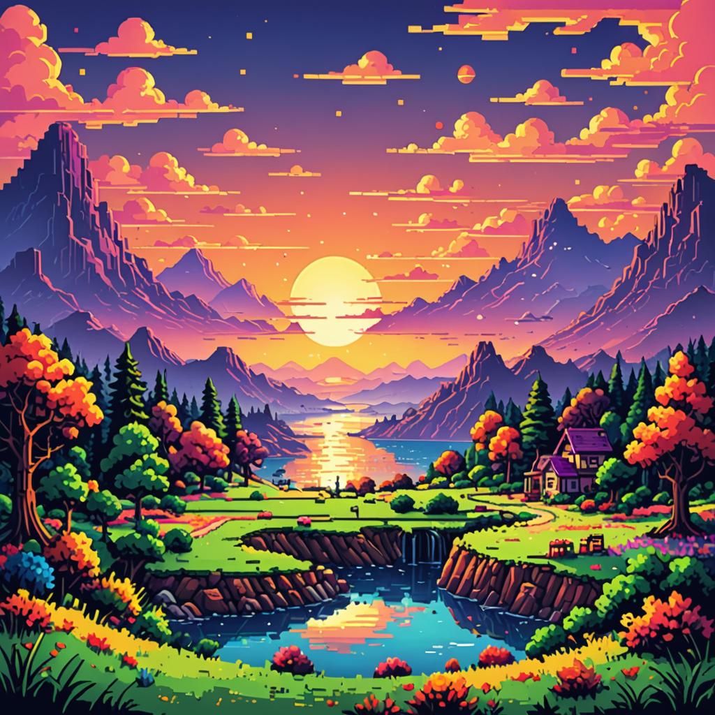 8-Bit Pixel Art Sunset Landscape