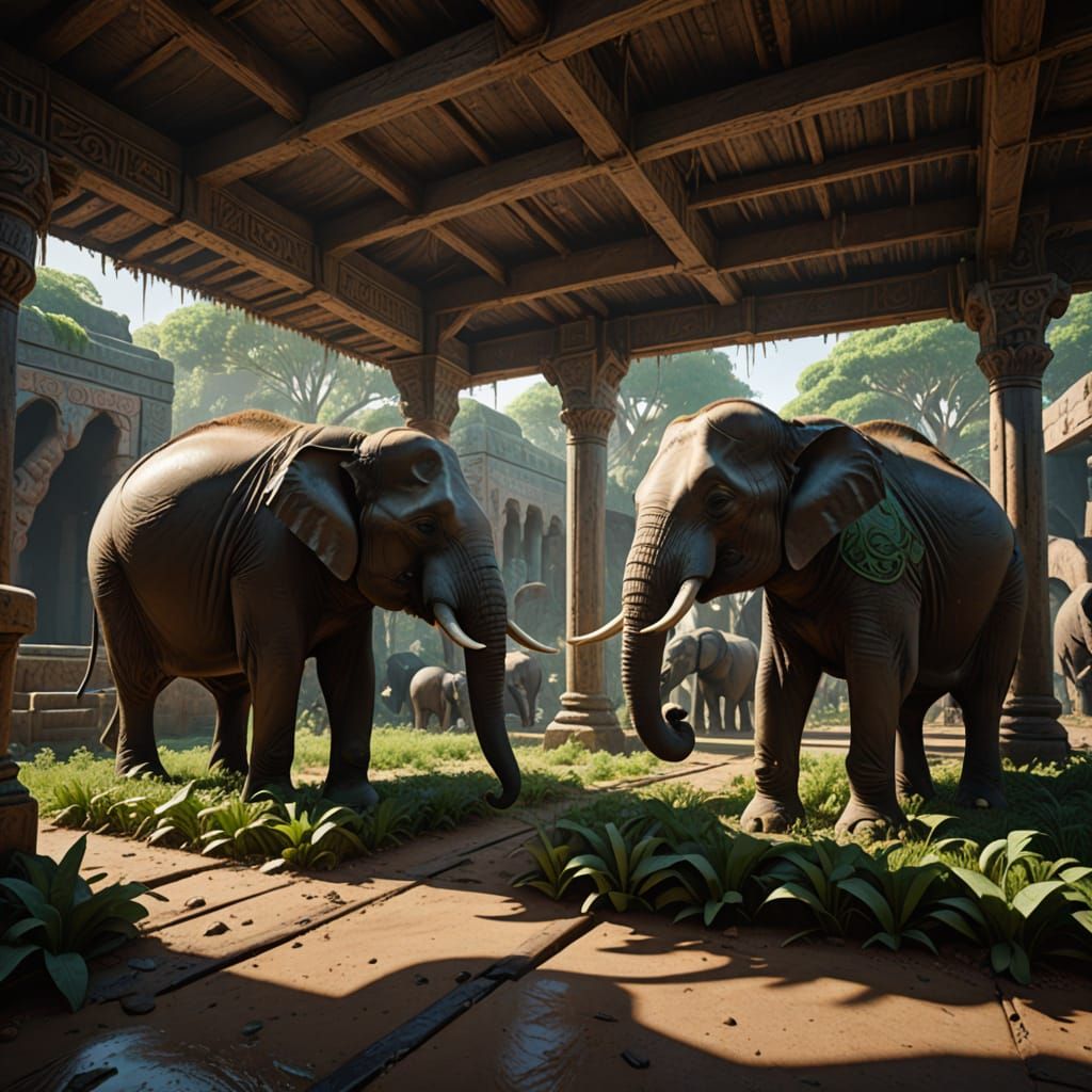 Intricate Elephant Stables with Fresh Fodder, Digital Art