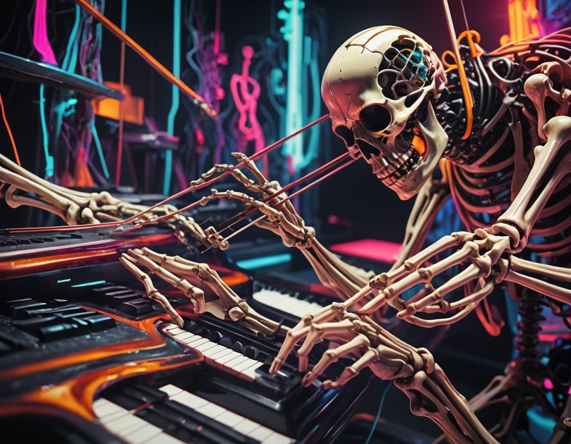 Surreal Neon Dream: Skeletal Musicians in Cyberpunk