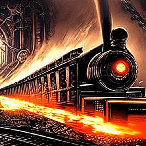 Runaway Train with Conductor, Dark Fantasy Art