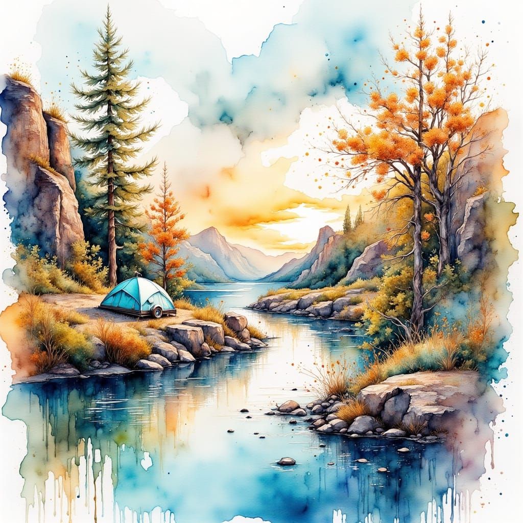 Twilight Canyon River Scene with Tiny Camper