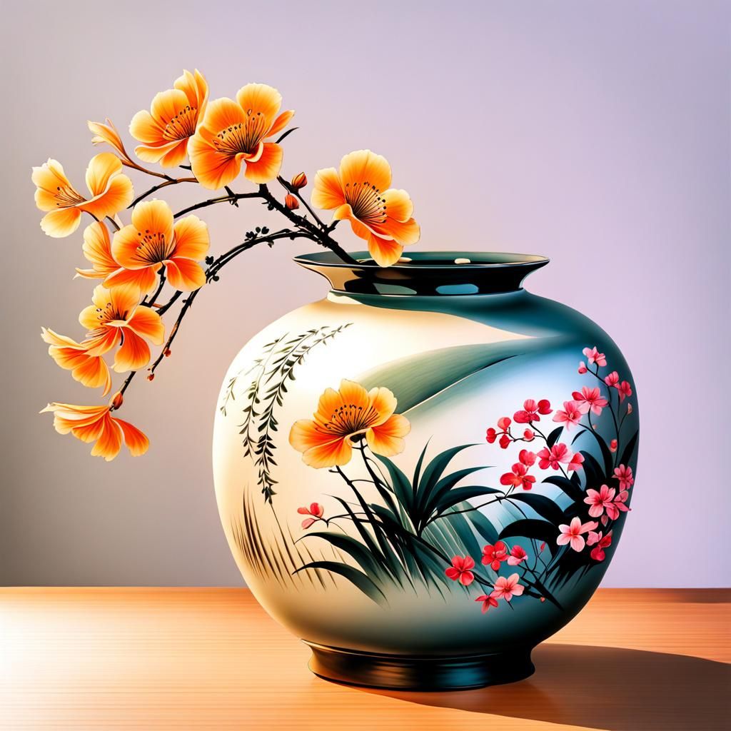 Ikebana Still Life in Sumi-e Style