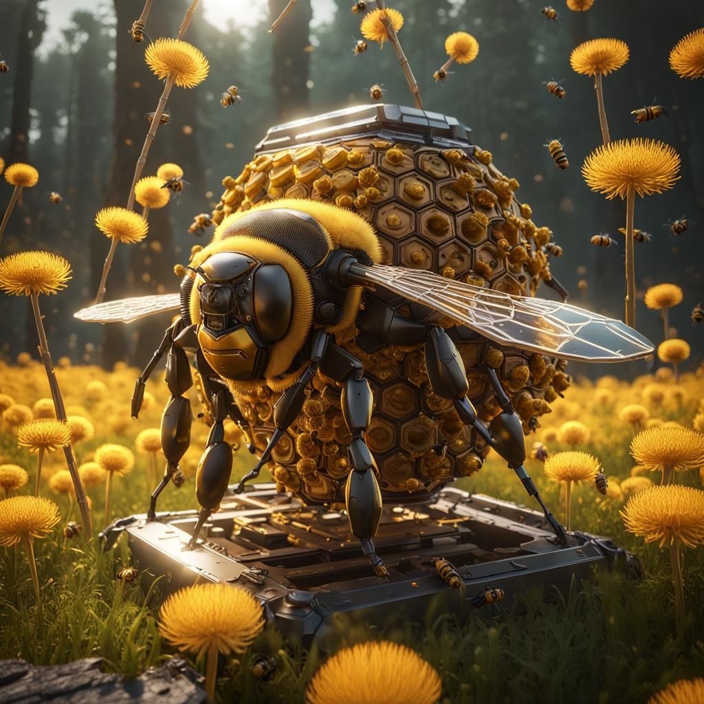 Honey Bees and Hive with Dandelions in Sci-Fi Style