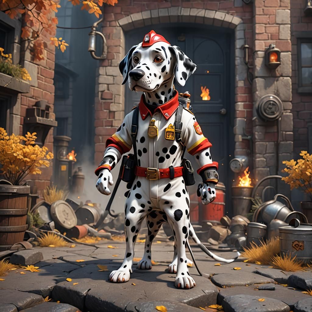 Cartoon Dalmatian Firefighter: Detailed Fantasy Concept Art