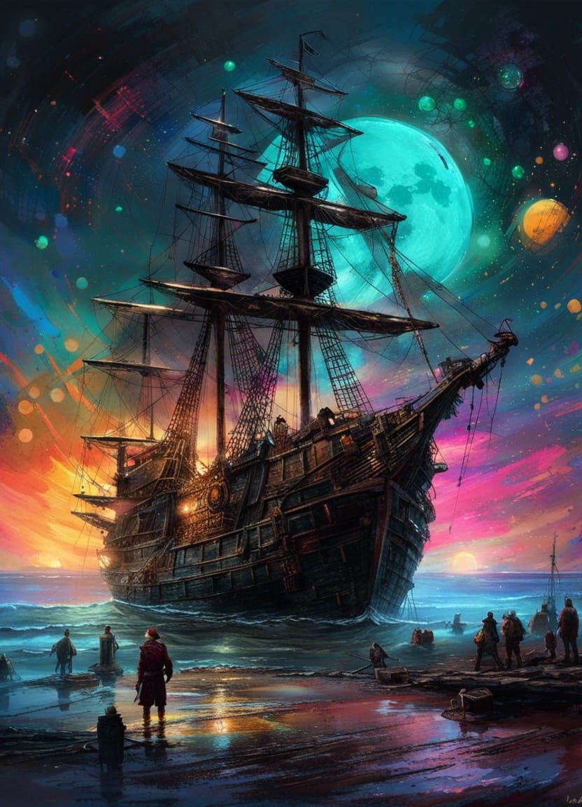 Pirate Ship Under a Luminous Moon