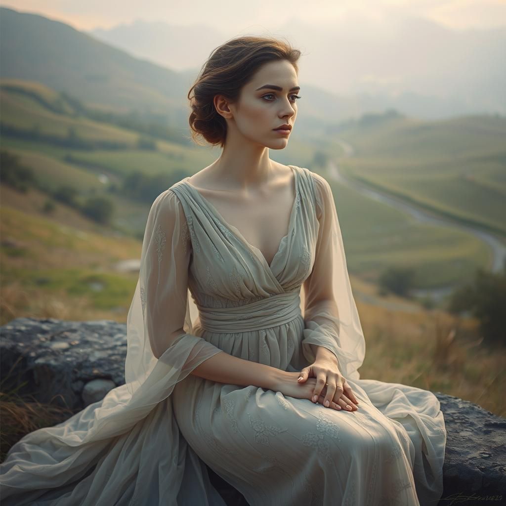 Mystical Woman in Dreamy Landscape, Pre-Raphaelite Style