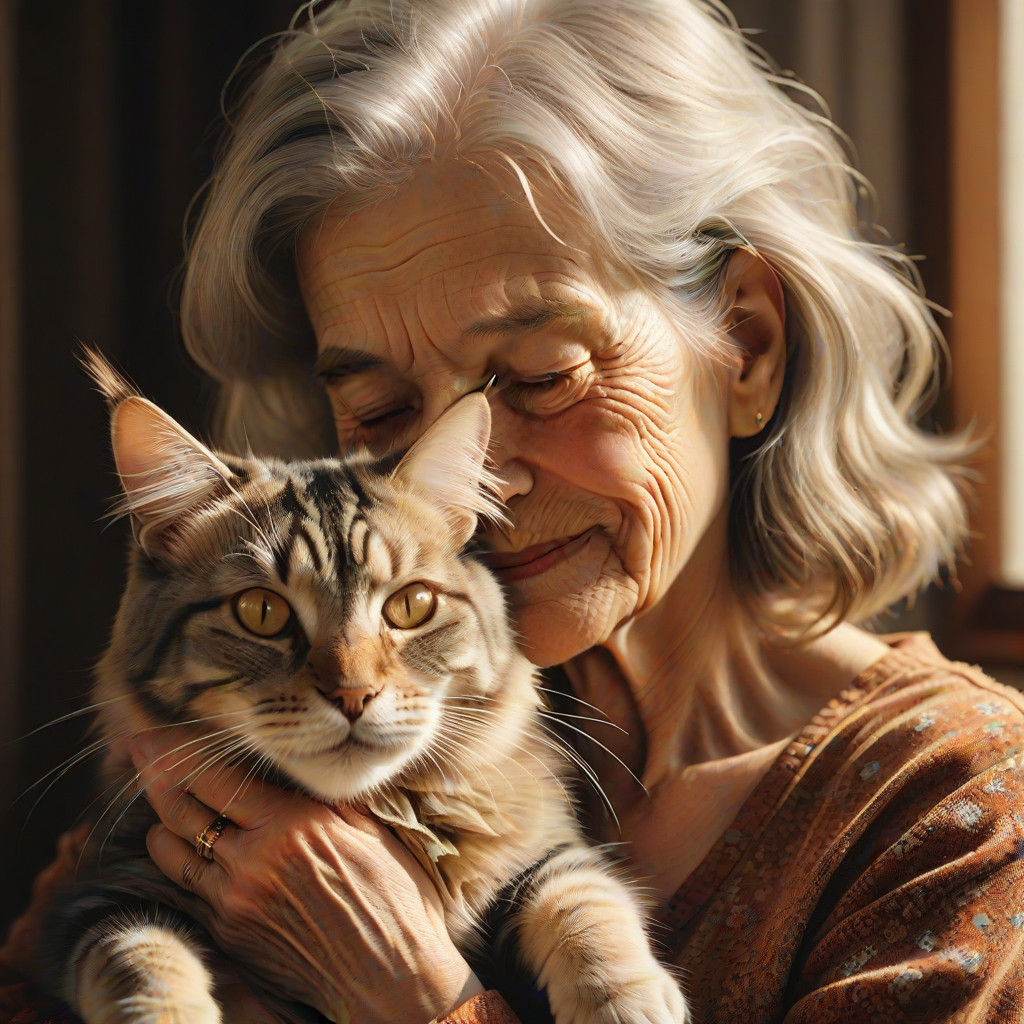 Tender Moment Between an Elderly Woman and Her MaineCoon Cat