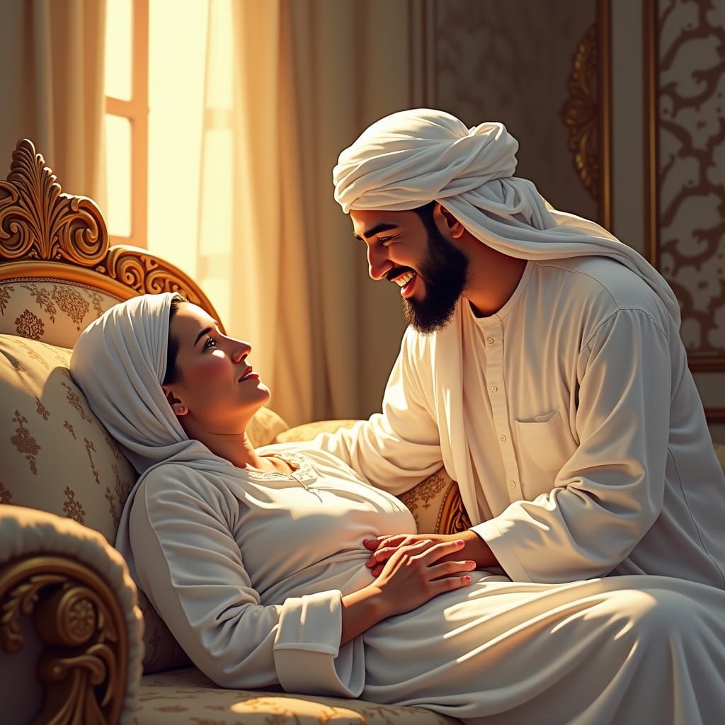 Young Muslim Man Cares for Mother: Watercolor Style