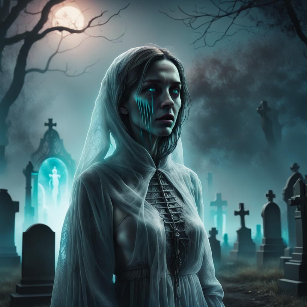 Eerie Ghost in Haunted Cemetery: Hyperrealistic Art