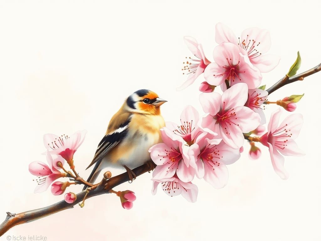 Goldfinch Among Apple Blossoms in Watercolor Style