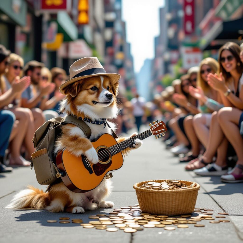 Dog Busker Plays Guitar in City Street Scene