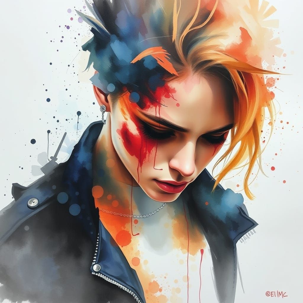 Emotionally Raw Watercolor Portrait with Destructive Underto...