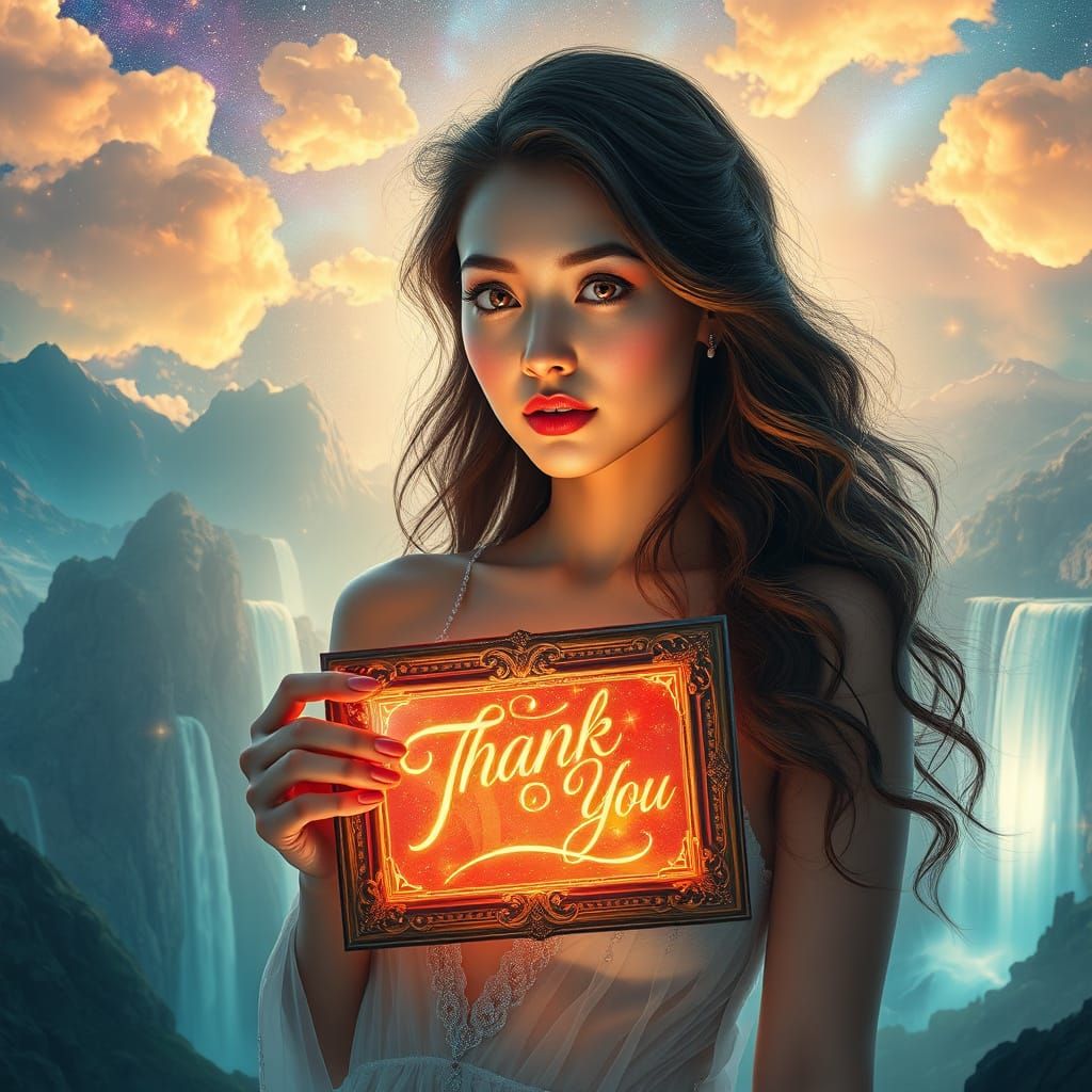 Radiant Woman with Thank You Card in Dreamscape