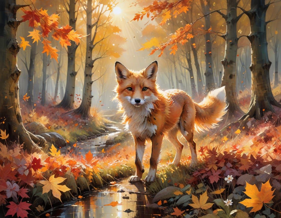 Amber Fox in Fiery Autumn Maple Grove