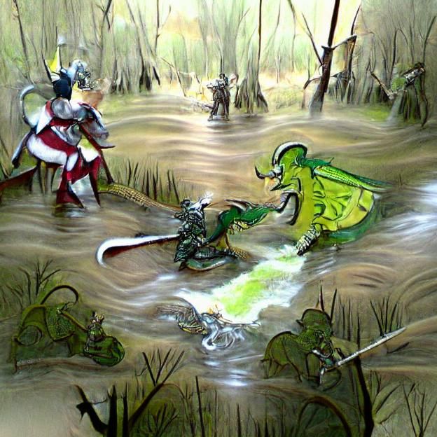 Dragon and Knight Battle in Swamp
