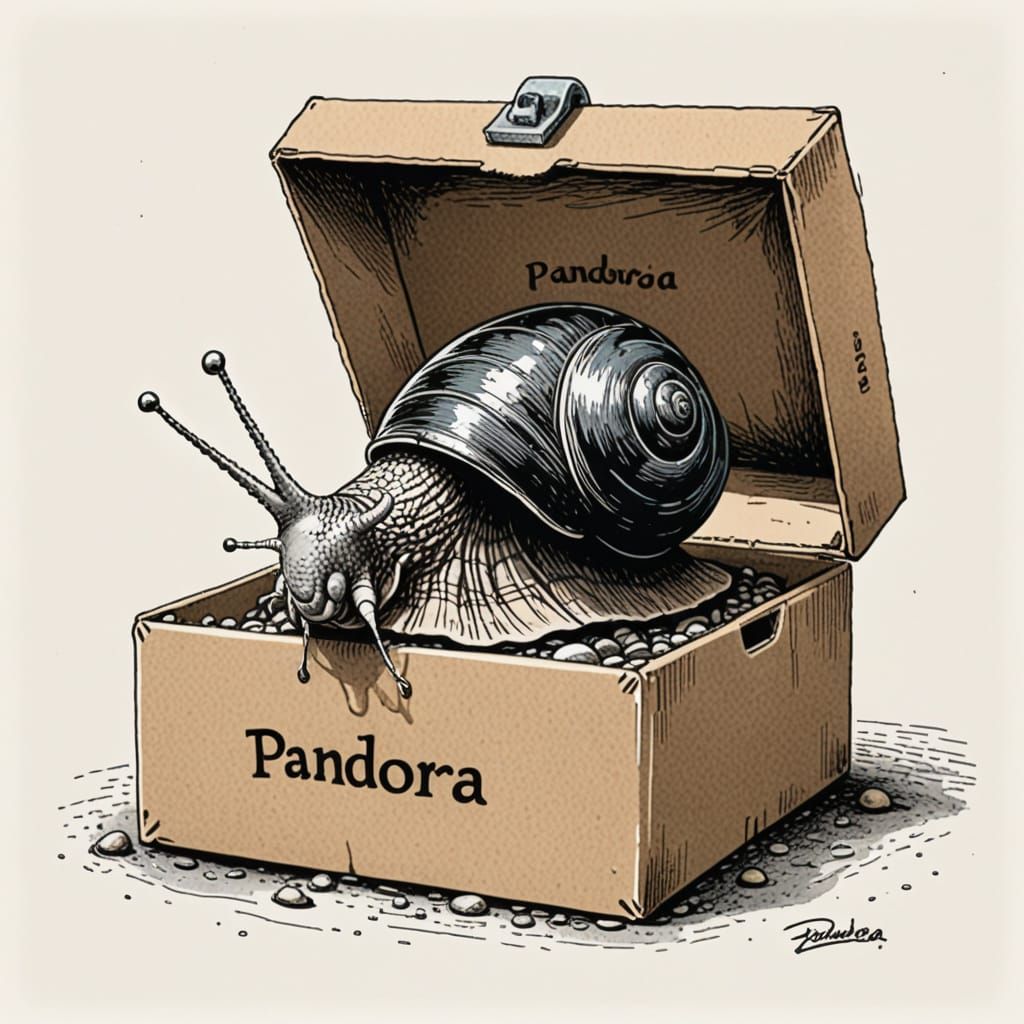 Humorous Snail Opens Pandora's Box, Pen and Ink